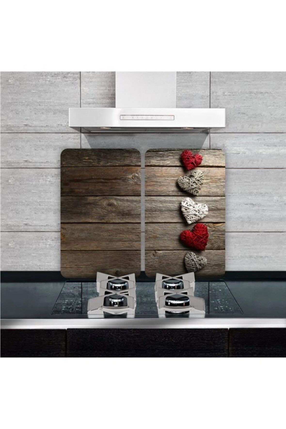 Cam Ocak Koruyucu ve Kesim Tablası Beşli Kalpler  (80cm x 52cm) 2 Parça, 5'li Ocaklar